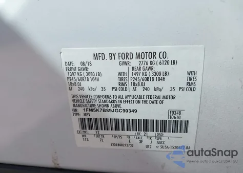 2018 Ford Explorer z USA, uszkodzony, nr VIN 1FM5K7B89JGC90349